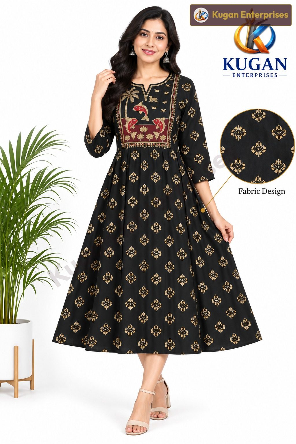 Black Gold Floral Print Umbrella Dress