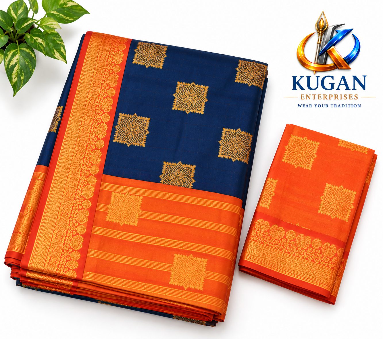 Navy Blue & Orange Gold Zari Silk Saree with Designer Gold Motifs