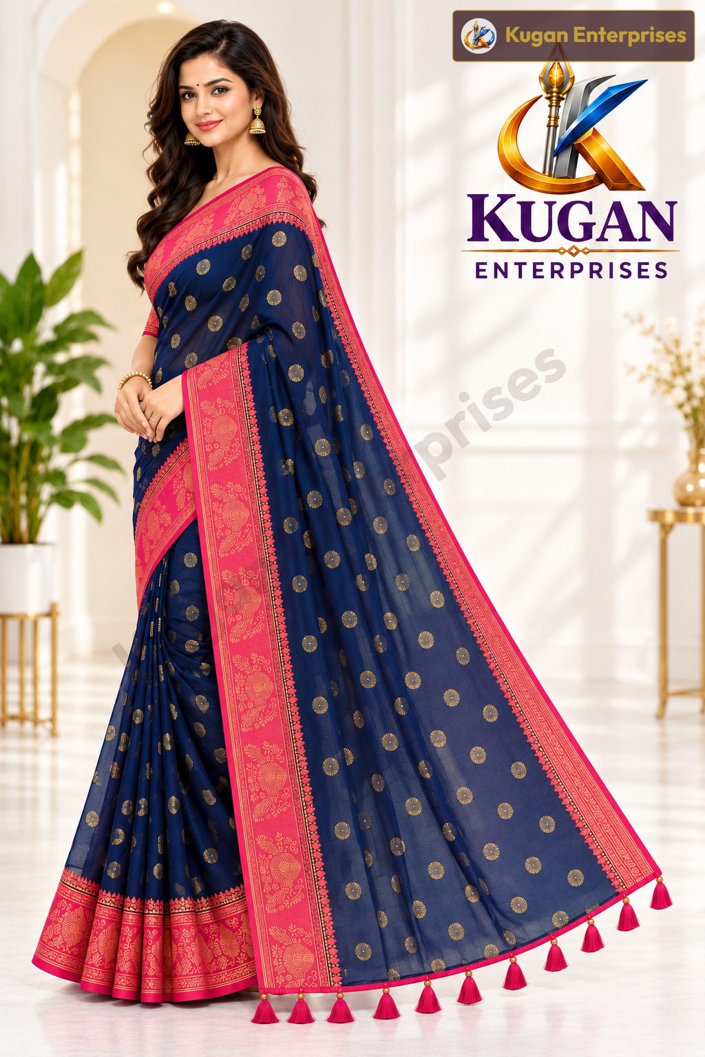Deep Navy Blue Gold Butta Printed Saree with Rani Pink Border