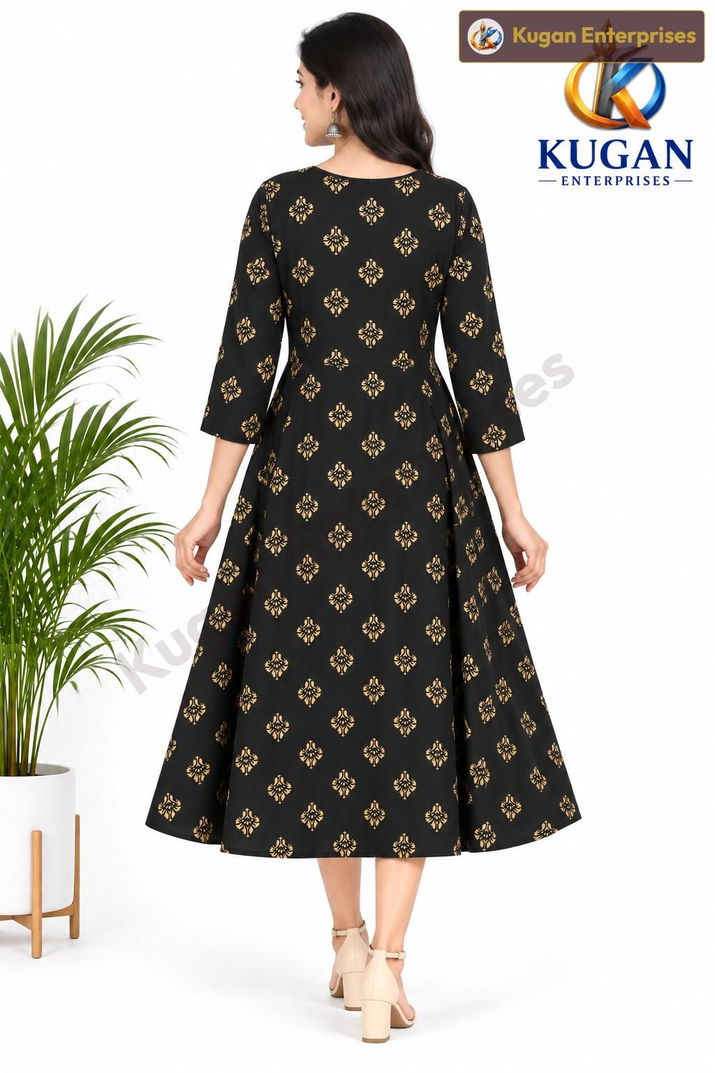 Black Gold Floral Print Umbrella Dress