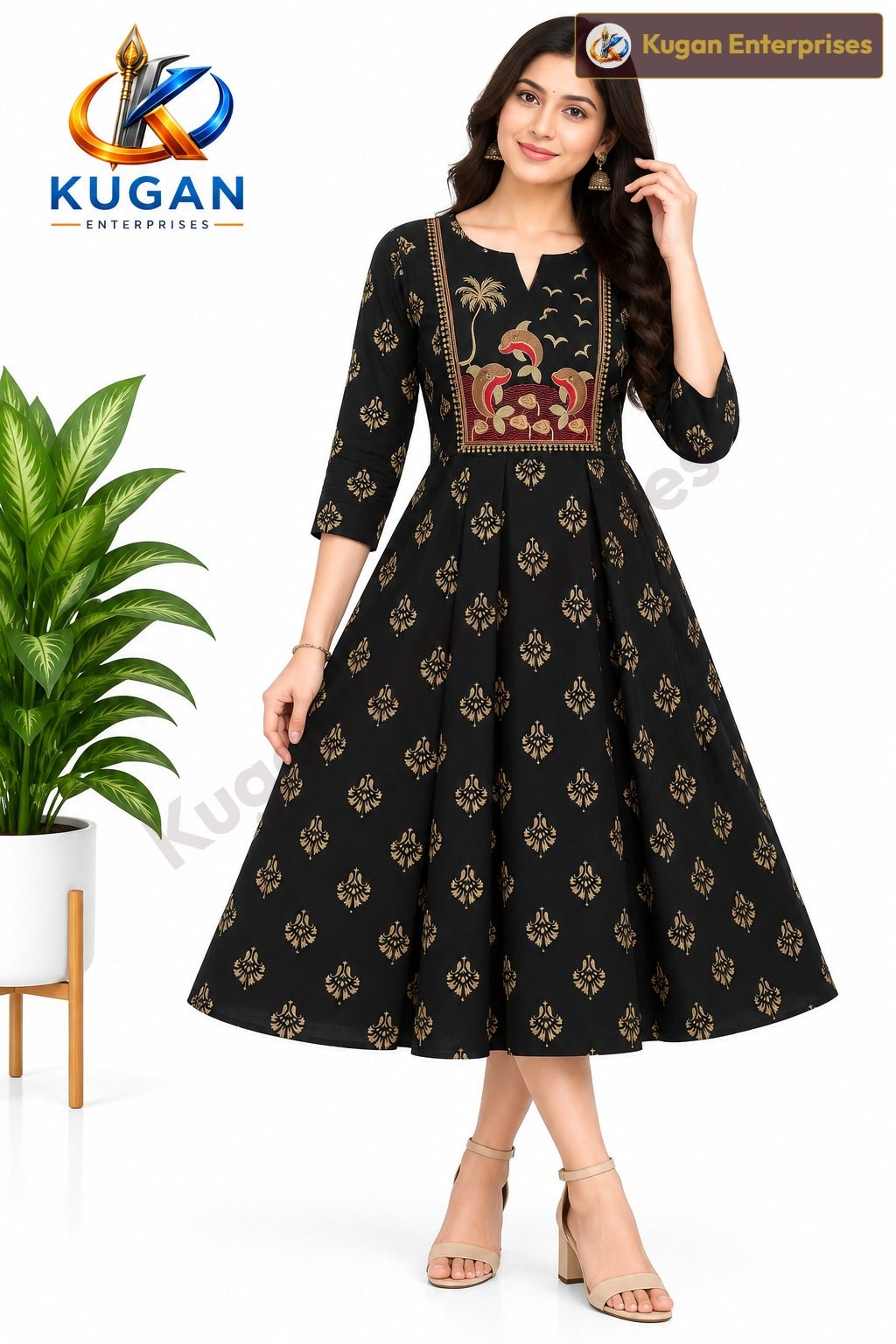 Black Gold Floral Print Umbrella Dress