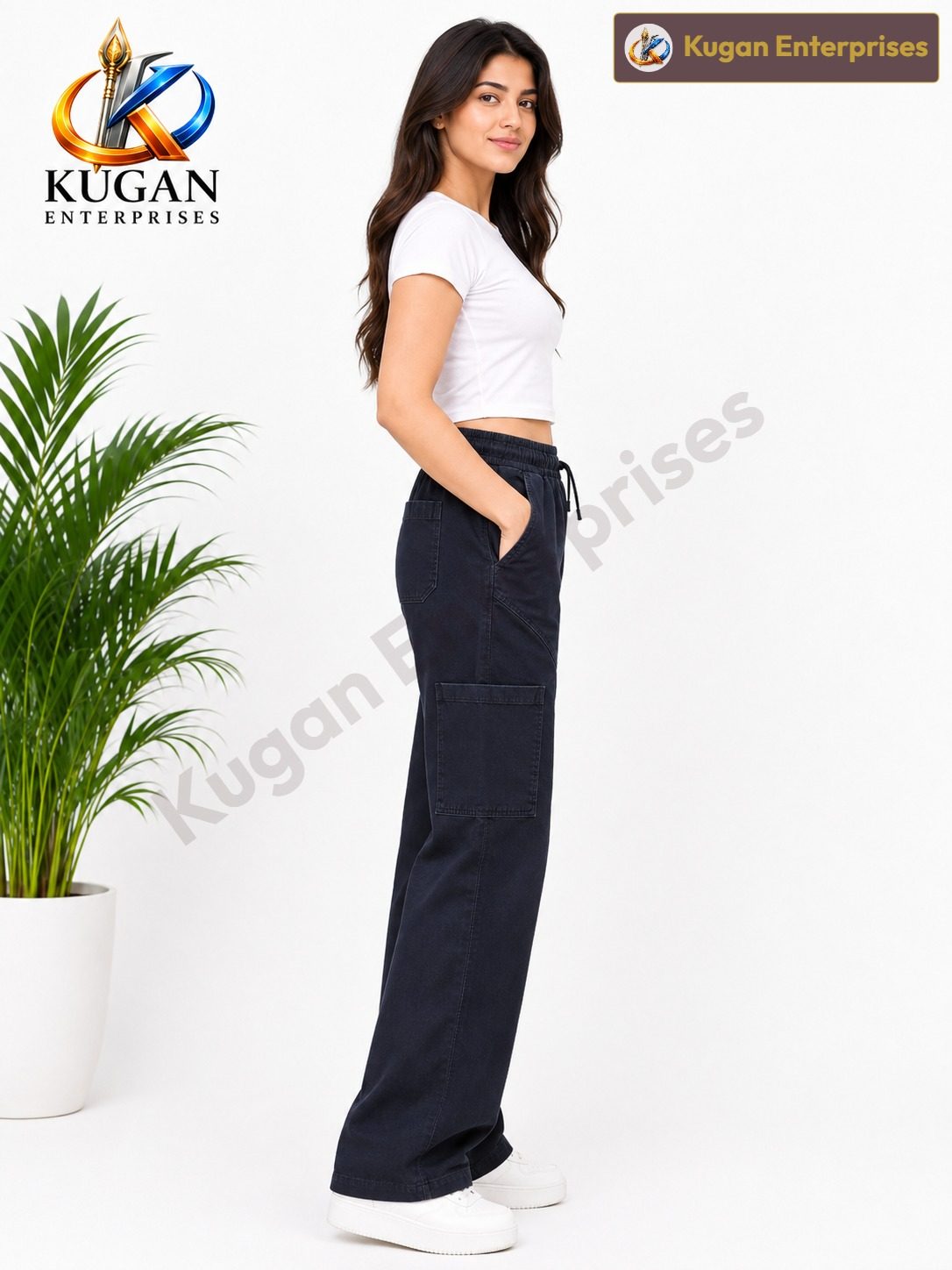 Women’s Dark Blue Cargo Baggy Pant with Elastic Waist & Utility Pockets