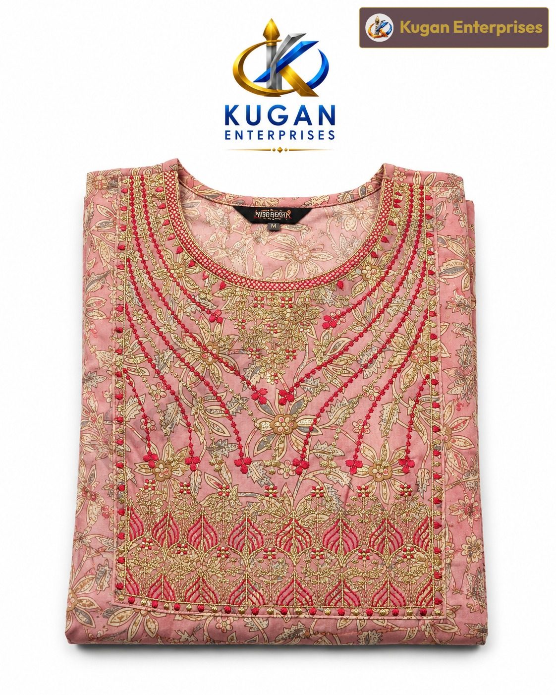 Rose Pink Floral Print Embroidered Kurta