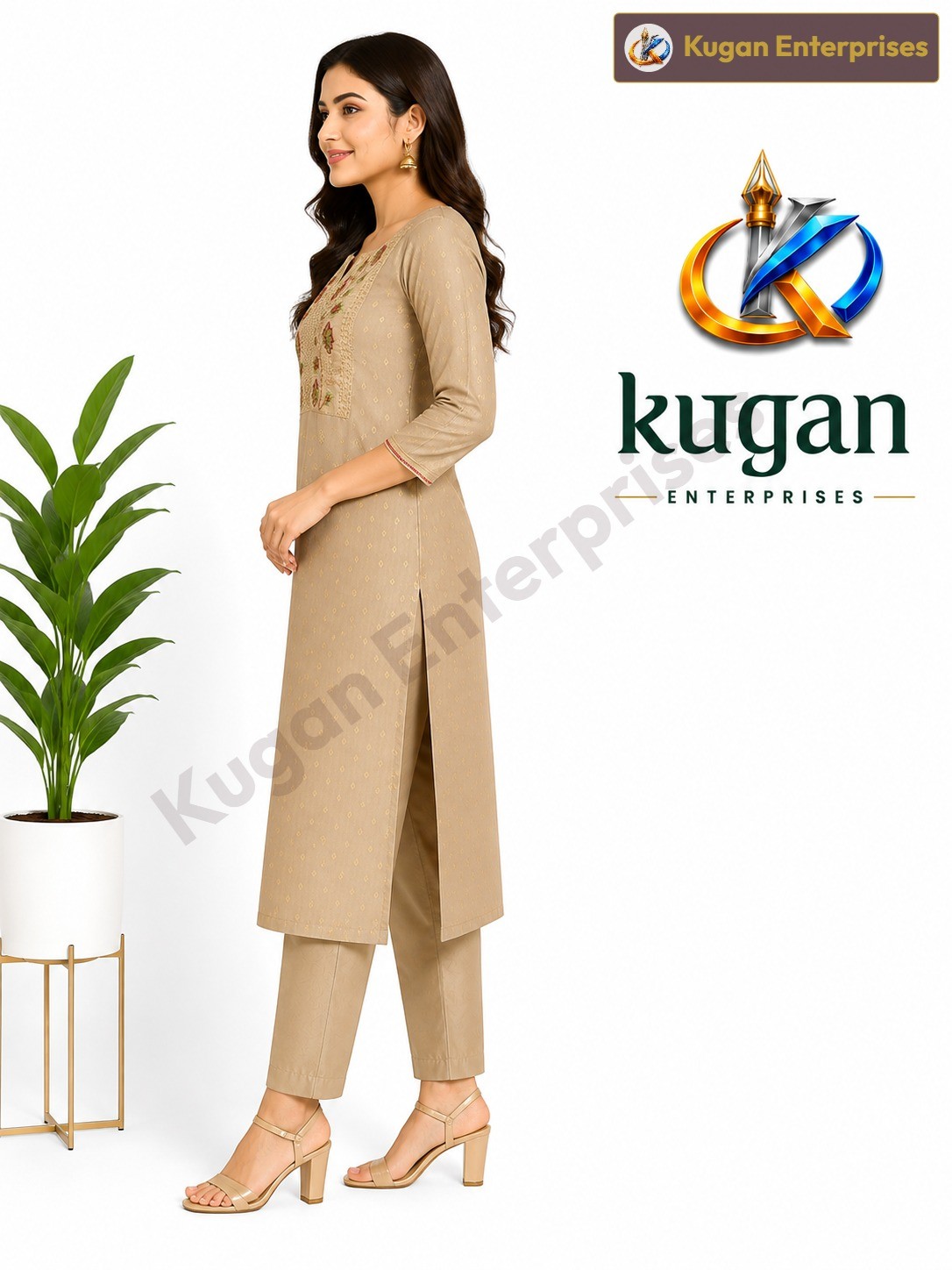 Beige Floral Embroidered Straight Kurta Pant Set