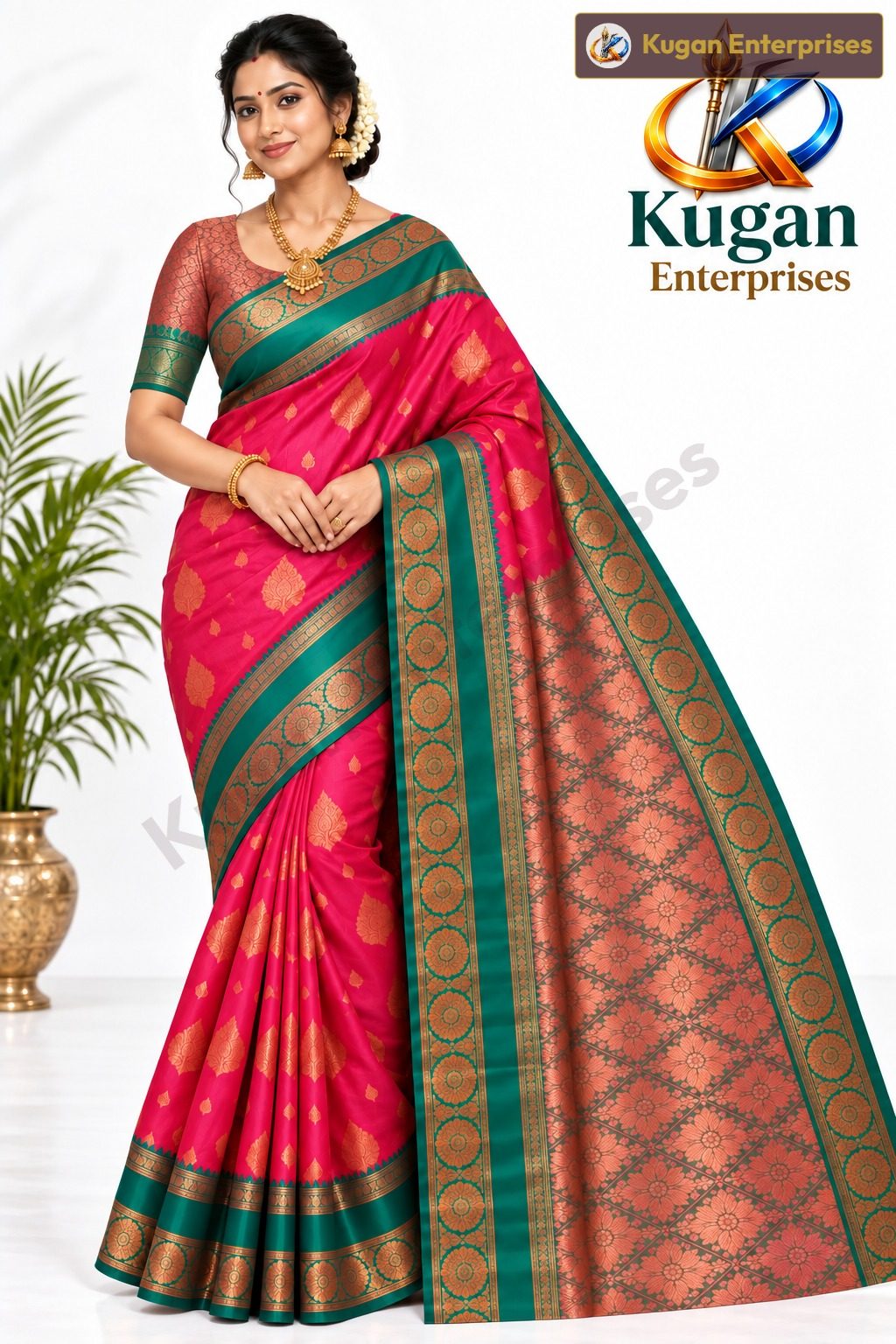 Rani Pink Greenish-Pink Copper Zari Woven Saree