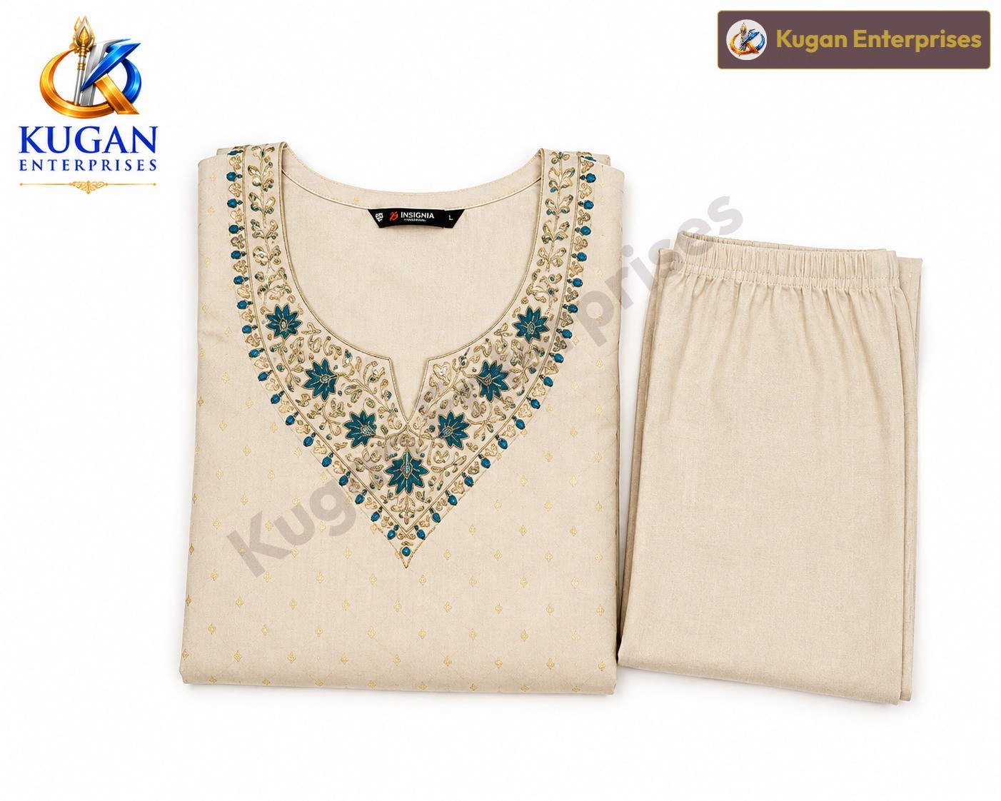 Women's Cream Embroidered Straight Kurta with Pant Set