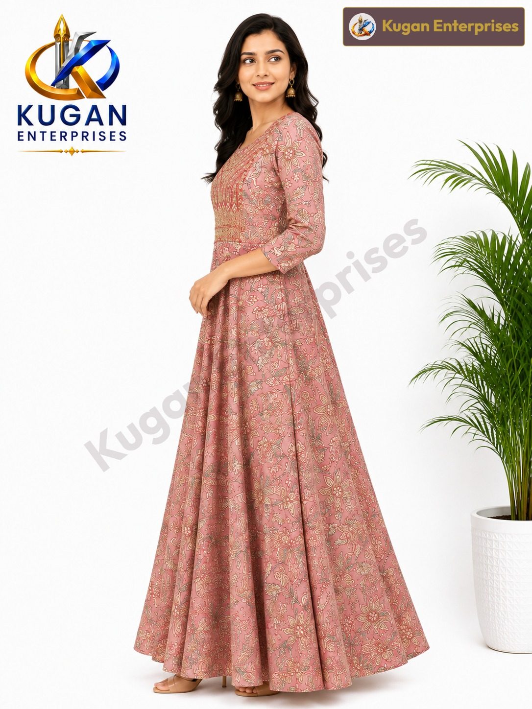 Rose Pink Floral Print Embroidered Kurta
