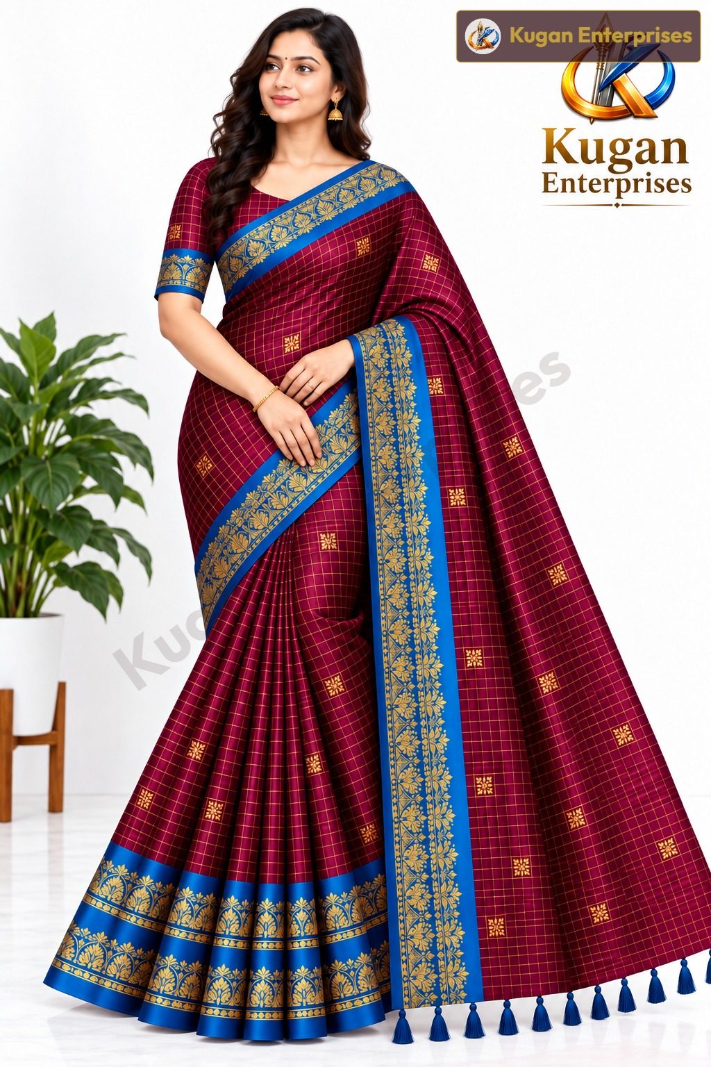 Deep Wine and Royal Blue Traditional Printed Saree