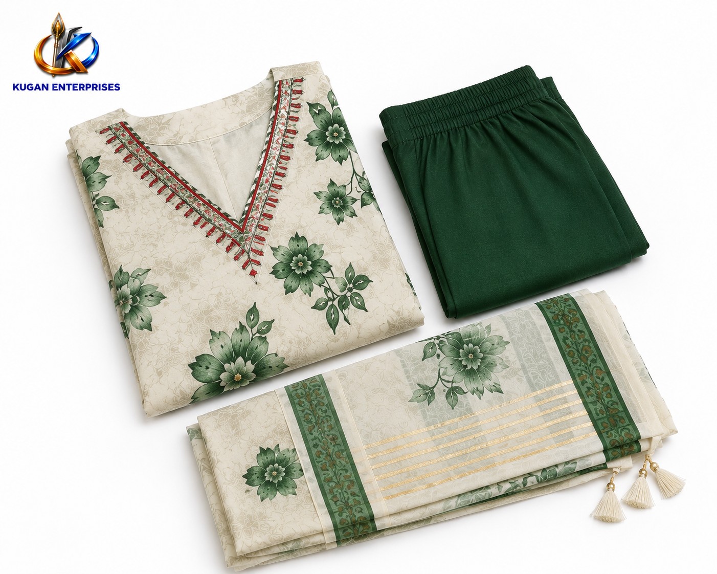 Green Floral Printed Kurta Set with Organza Dupatta – Cream & Green