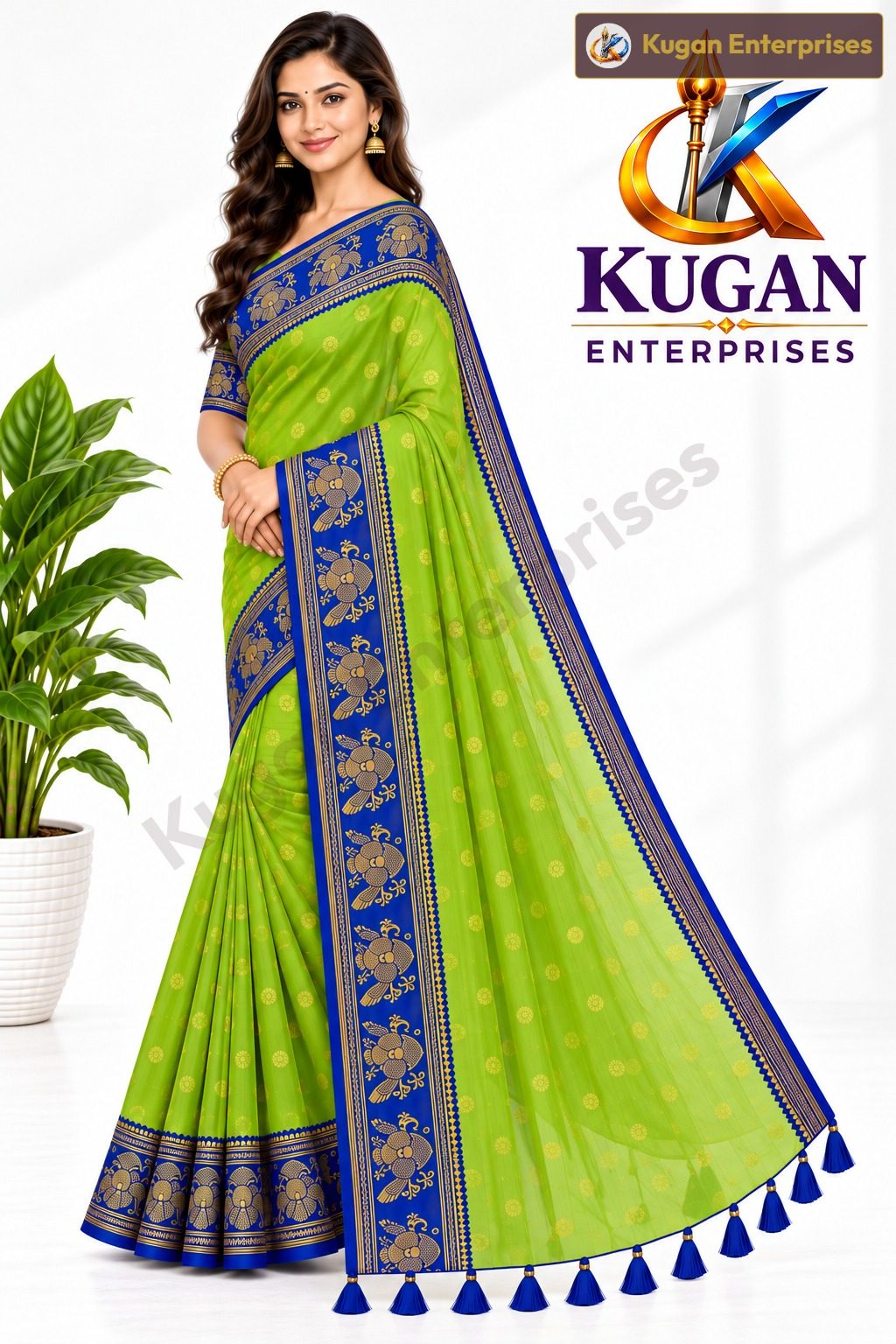 Parrot Green Gold Butta Printed Saree with Deep Royal Blue Border