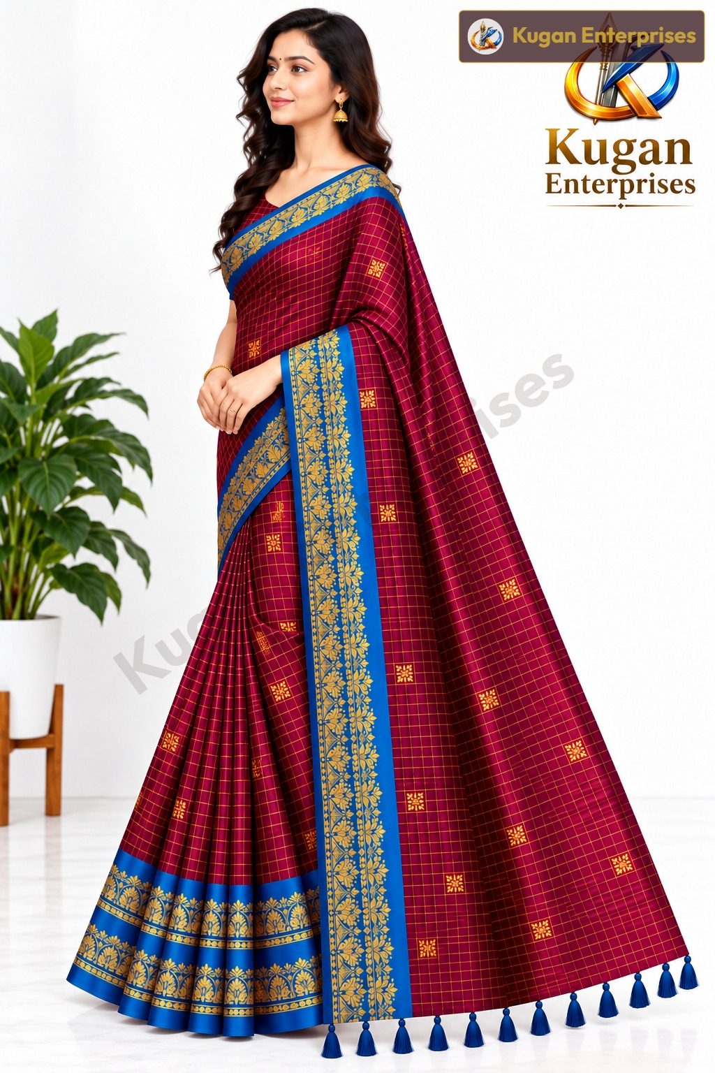 Deep Wine and Royal Blue Traditional Printed Saree