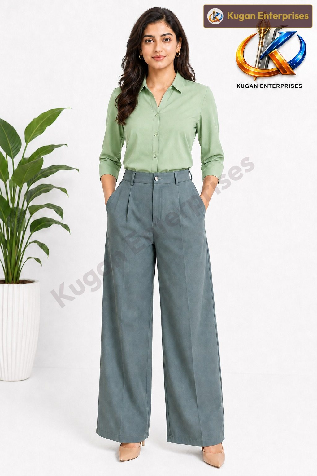Blueish-Green Korean Wide-Leg Baggy Pant