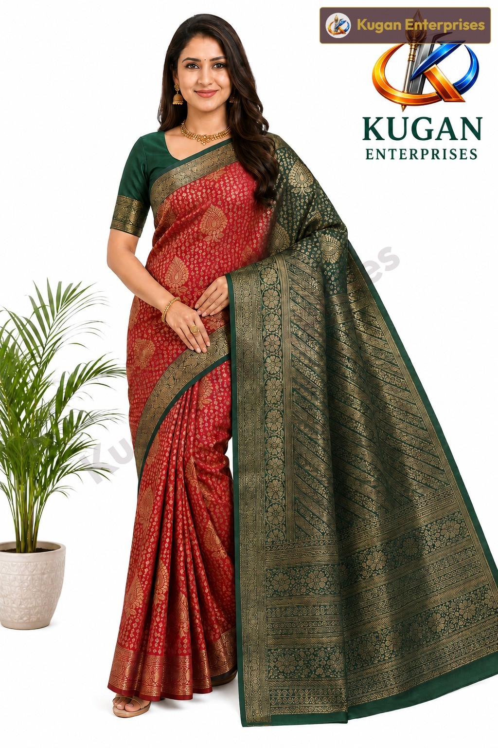 Red & Green Antique Zari Woven Saree