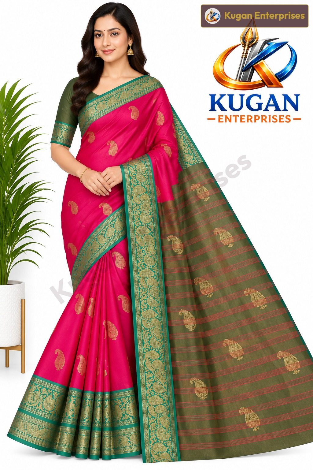 Fuchsia Pink & Olive Green Zari Saree