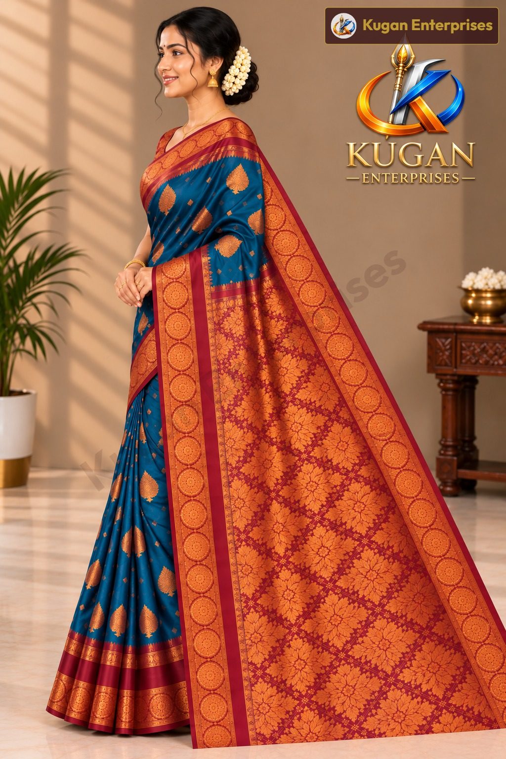 Deep Peacock Blue Maroon Zari Woven Saree