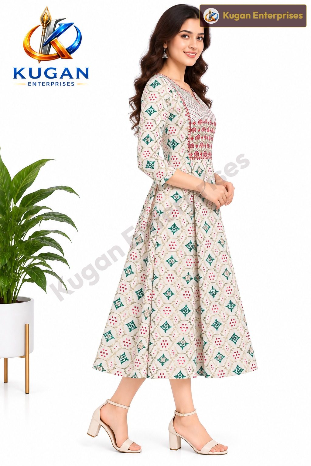 Ivory Rayon Floral Embroidered Umbrella Dress