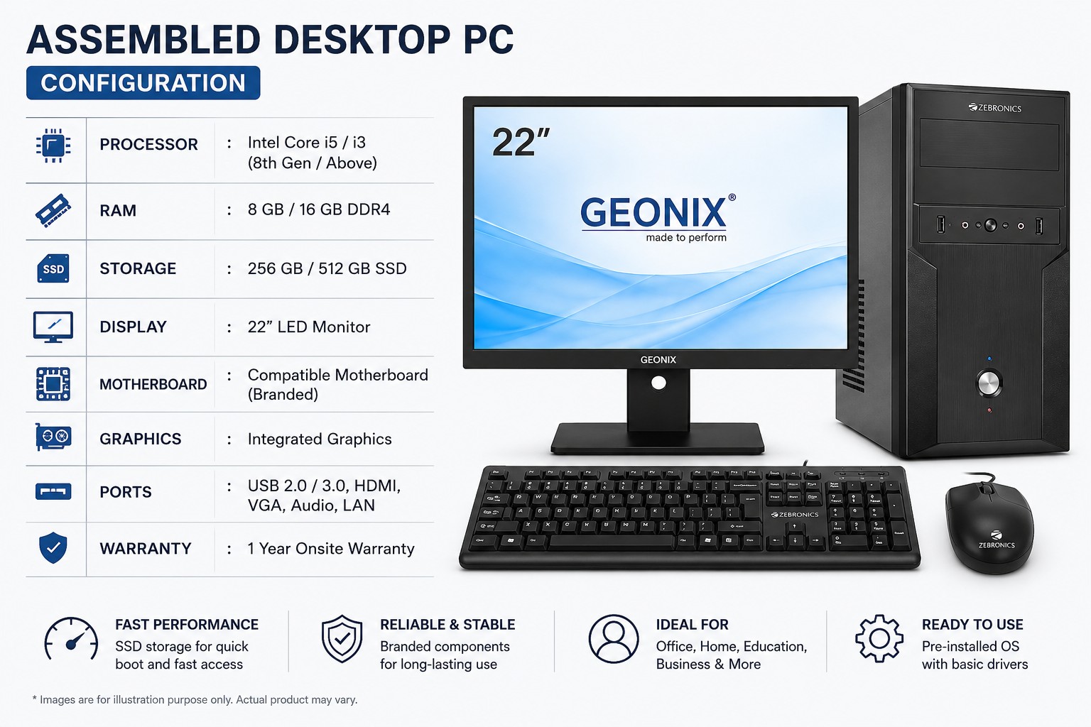 Desktop PC – Intel Core i3  8th Gen | 16GB RAM | 512 SSD | 22" Monitor