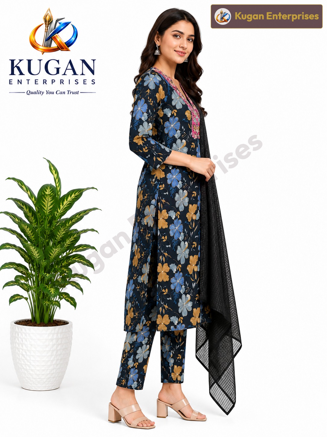 Women's Black Floral Printed Kurta Set with Printed Pants & Black Embroidery Sequence Dupatta
