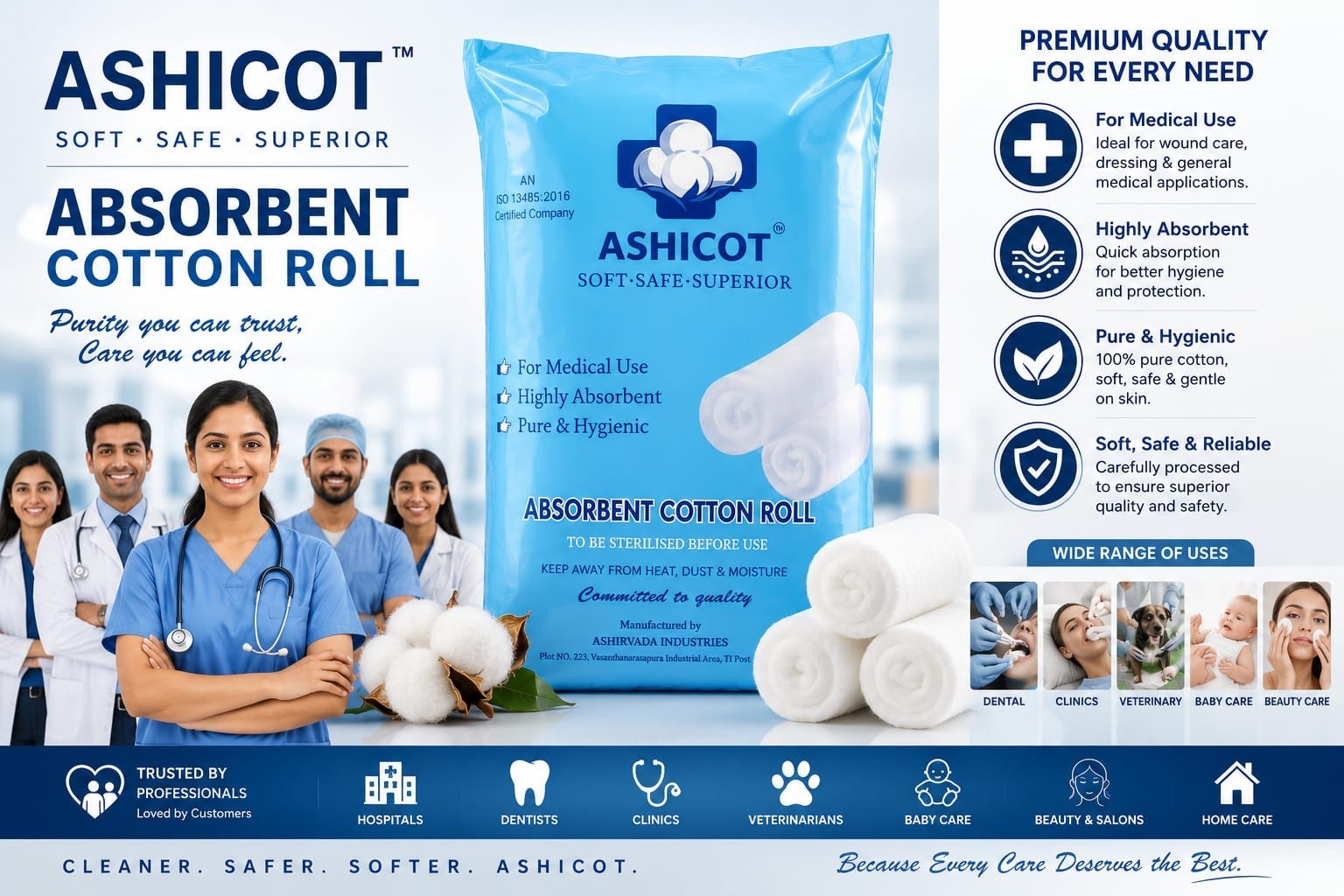ASHICOT Absorbent Cotton Roll 150gm for Medical Use – 100% Pure, Soft & Non-Sterile for First Aid, Wound Dressing, Baby Cleaning, Clinics