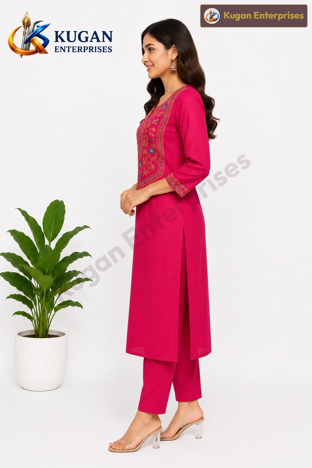 Premium Fuchsia Floral Embroidered Kurta with Matching Pant Set