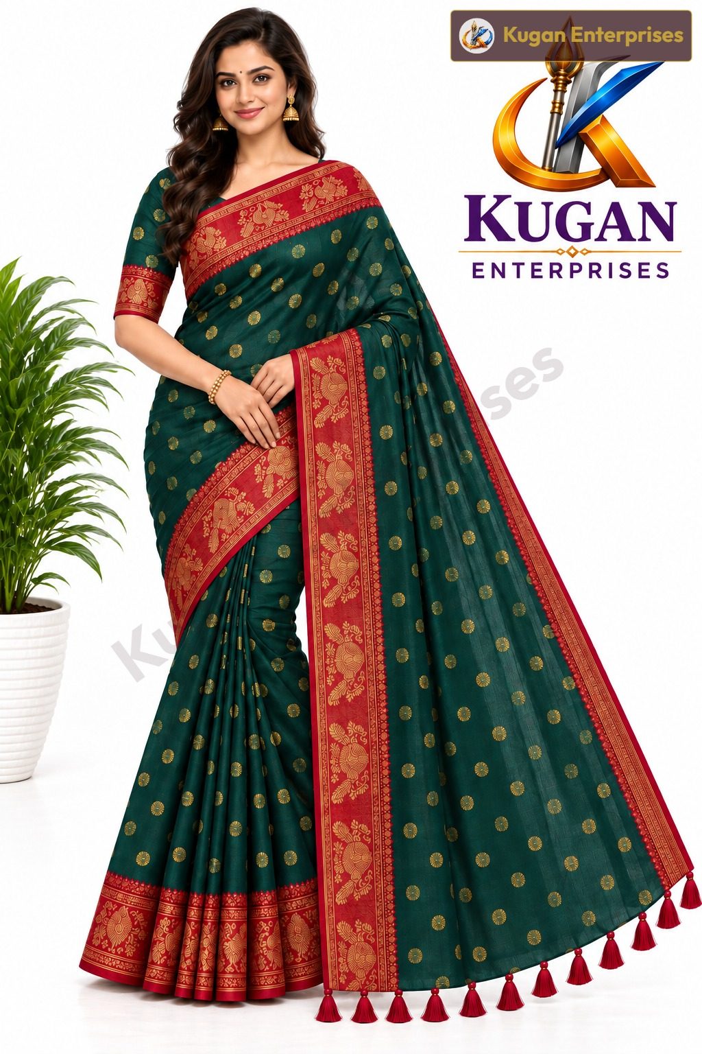 Deep Peacock Green Gold Butta Printed Saree with Crimson Red Ornamental Border