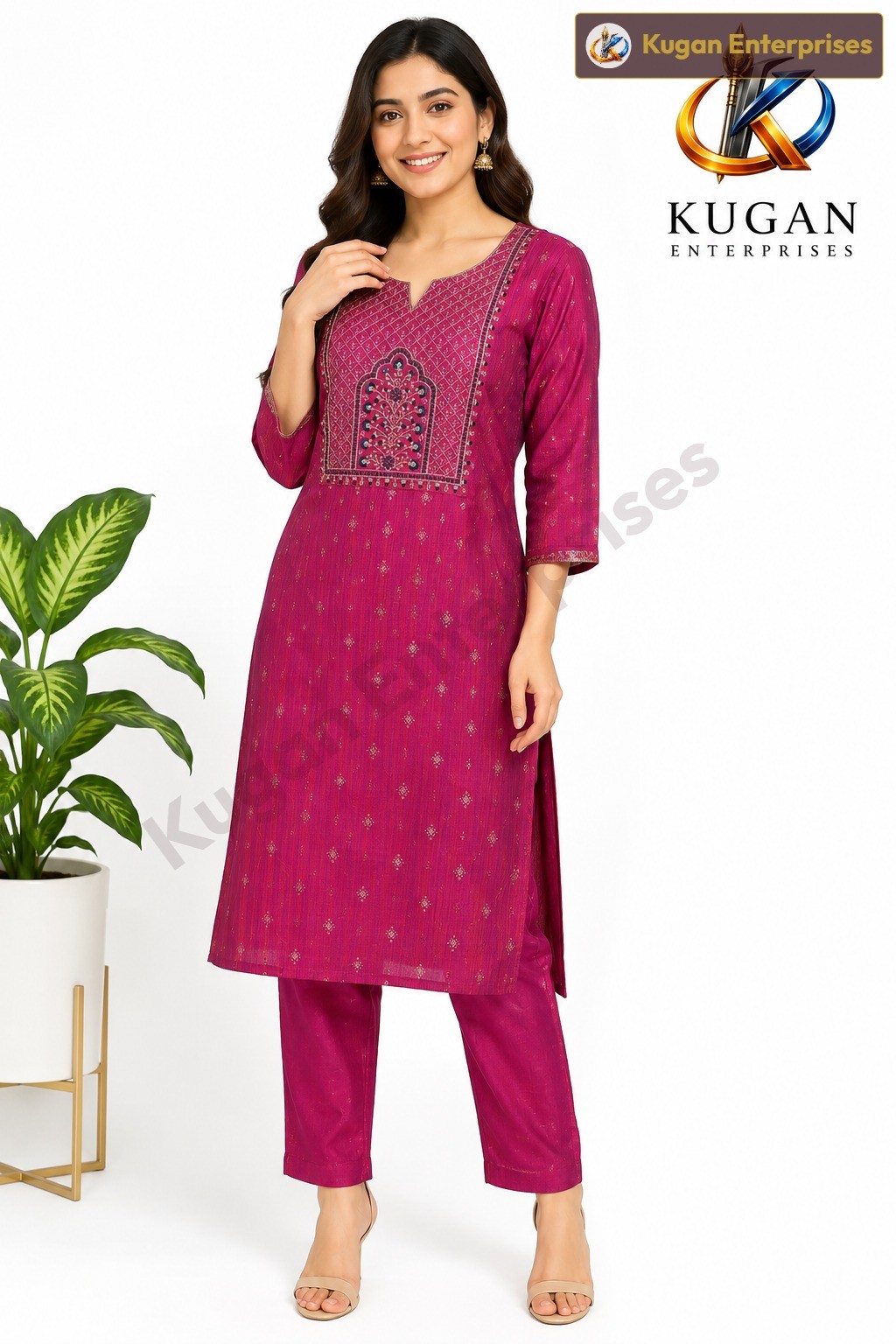 Magenta Embroidered Cotton Blend Kurta Set with Straight Pant