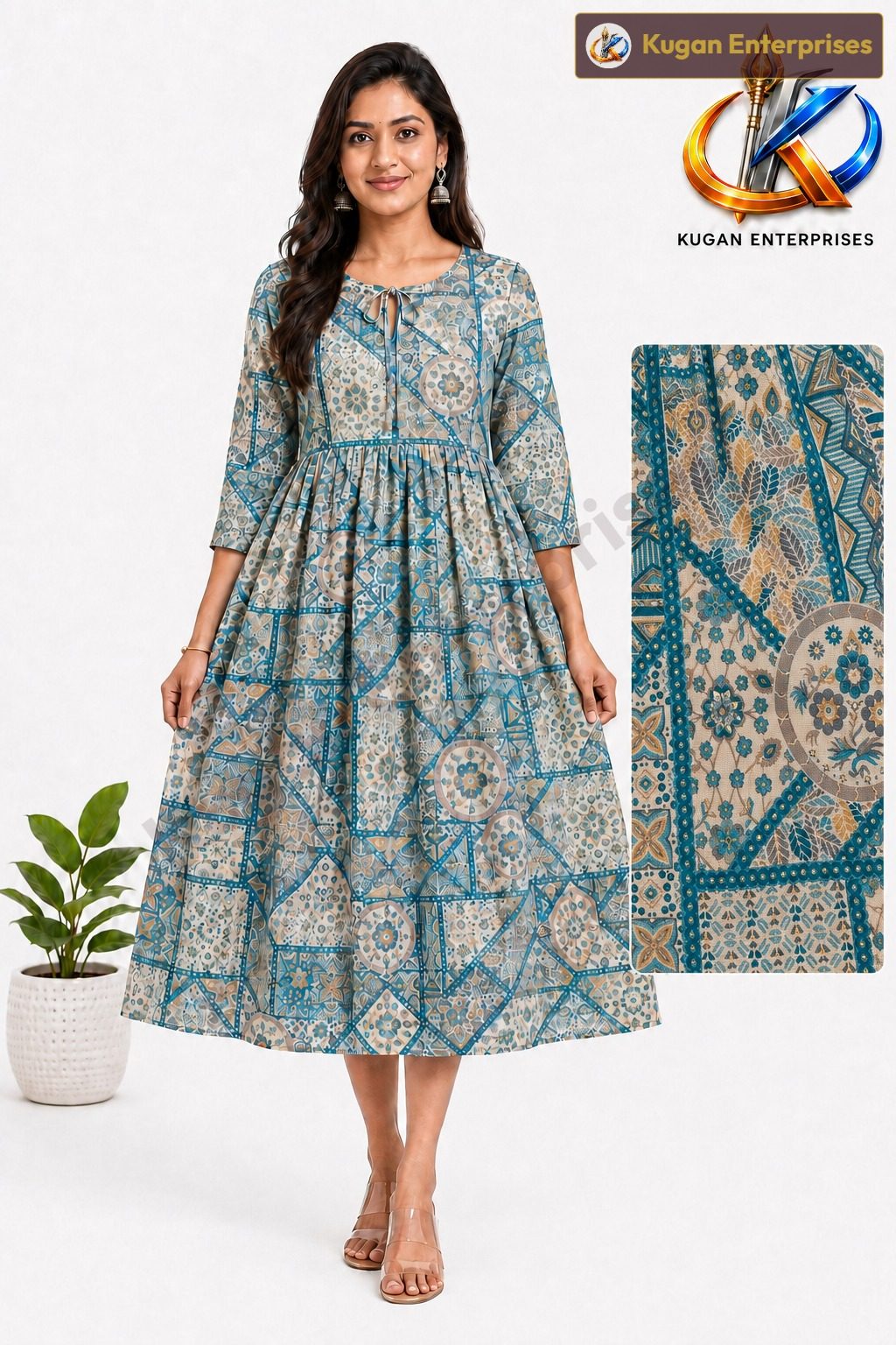Teal Mosaic Frilled Umbrella Dress