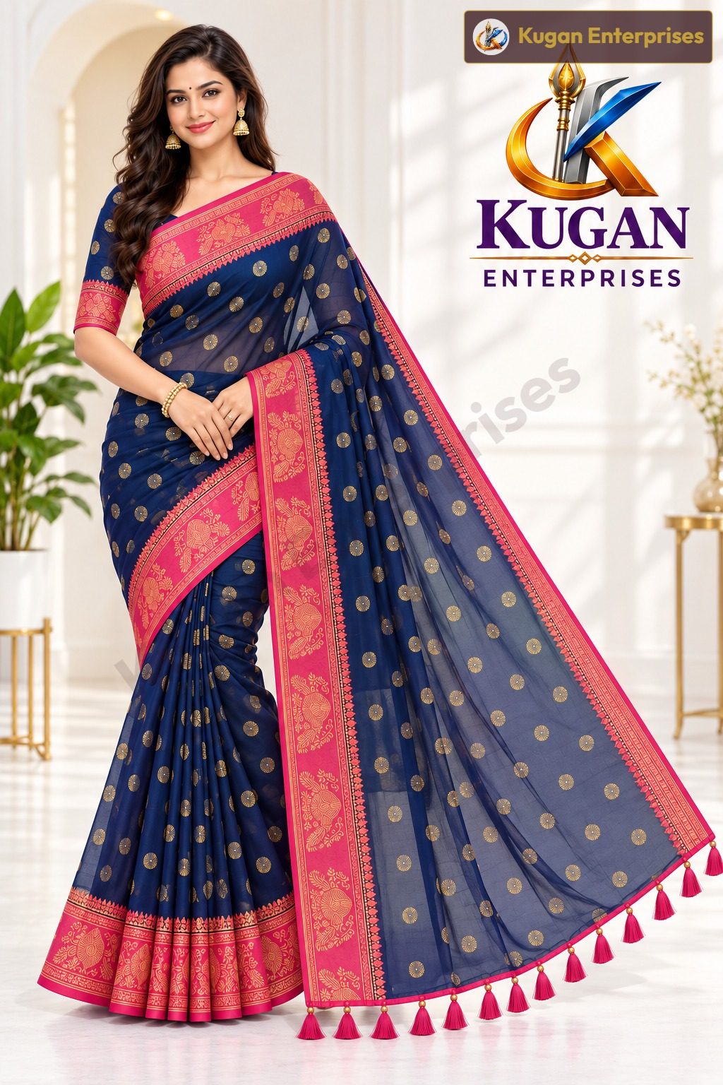 Deep Navy Blue Gold Butta Printed Saree with Rani Pink Border