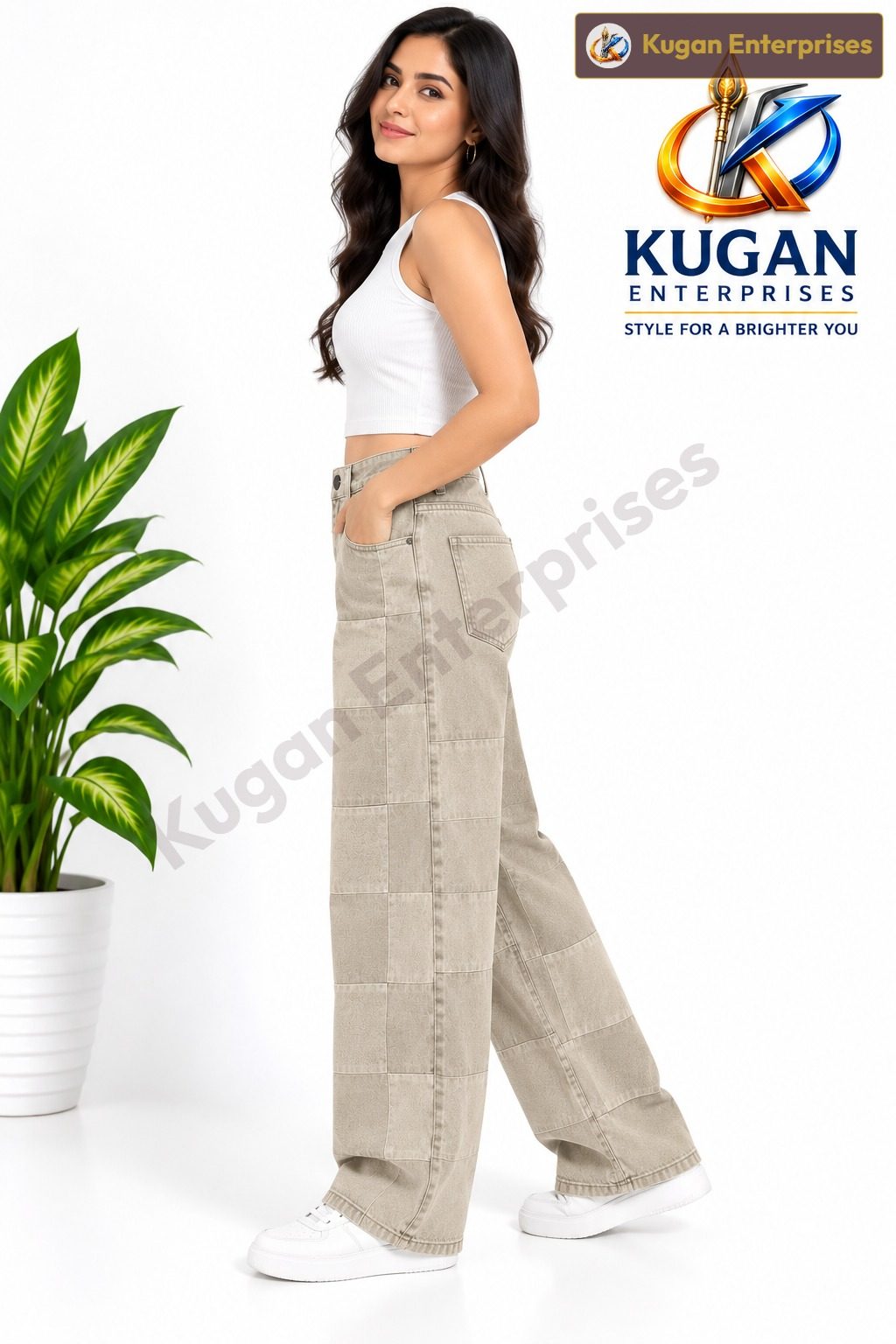 Women’s Beige Patchwork Baggy Cotton Pants