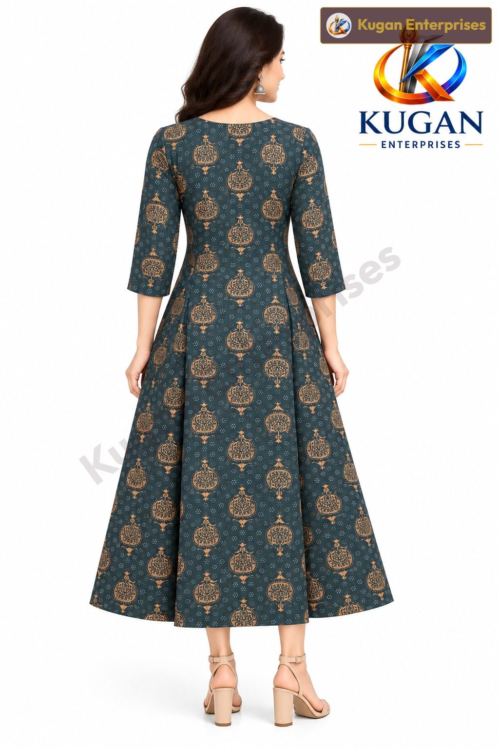 Charcoal Blue Rayon Bird Embroidery Umbrella Dress