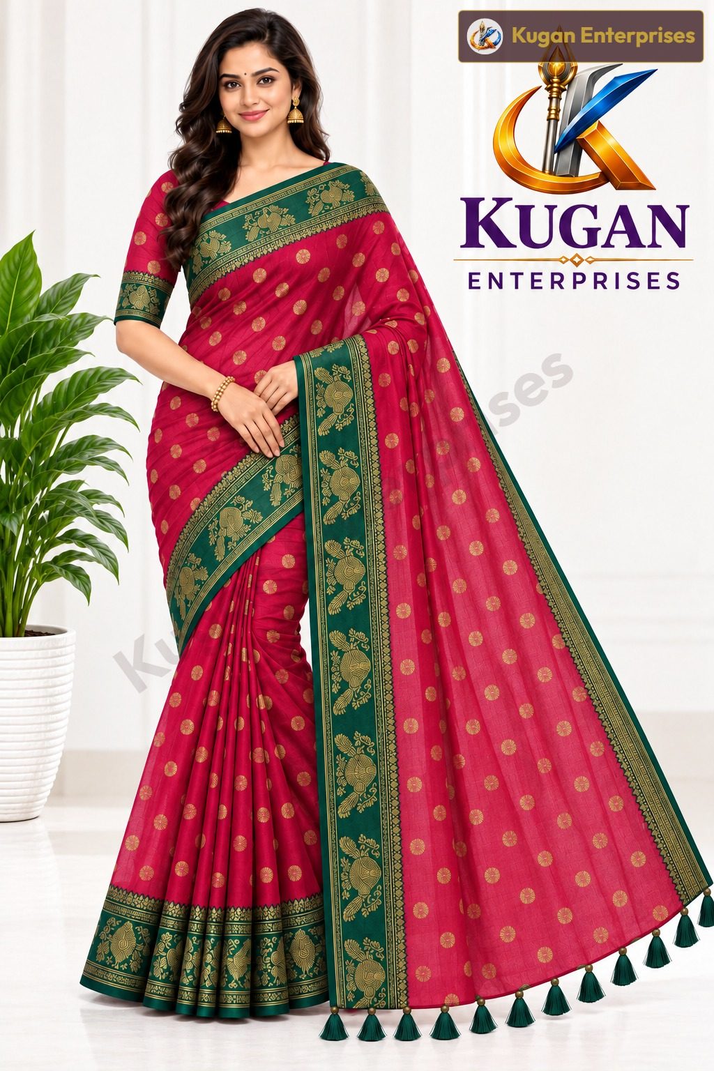 Rani Pink Gold Butta Printed Saree with Dark Peacock Green Ornamental Border