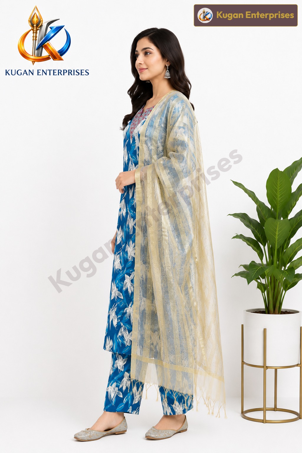 Blue Floral Embroidered Kurta Pant Set with Gold Tissue Dupatta